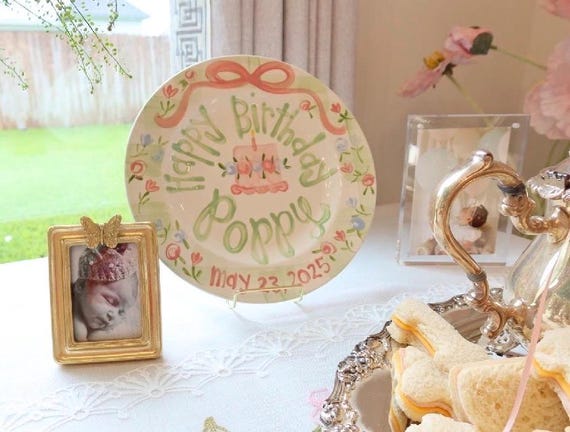 Personalized Birthday Plate: Hand-Painted Wildflowers and Green Gingham