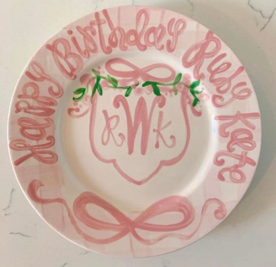 Girls monogram preppy birthday plate // gingham ribbon // first birthday // pink & white// smash cake // 1st birthday // grand millennial