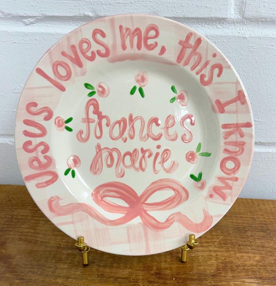Jesus Loves Me baby plate //  Personalized First Birthday Baptism Gift, Custom handpainted, Bible verse
