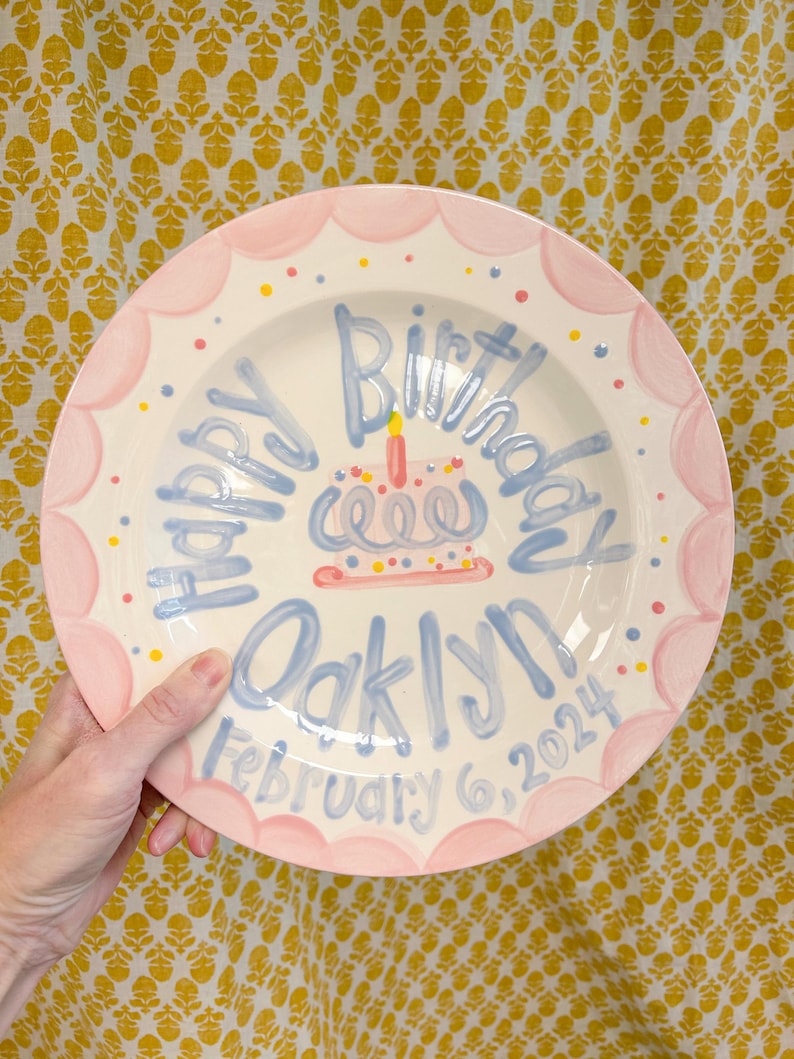 Girls Birthday Plate // Pastel Colors Scallops and dots Personalized First Birthday Plate Plate, Custom handpainted, ceramic kiln fired image 11