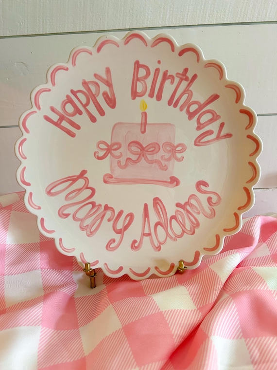Hand-Painted Scallop Edge Ceramic Birthday Plate, Pink Bow Cake Design
