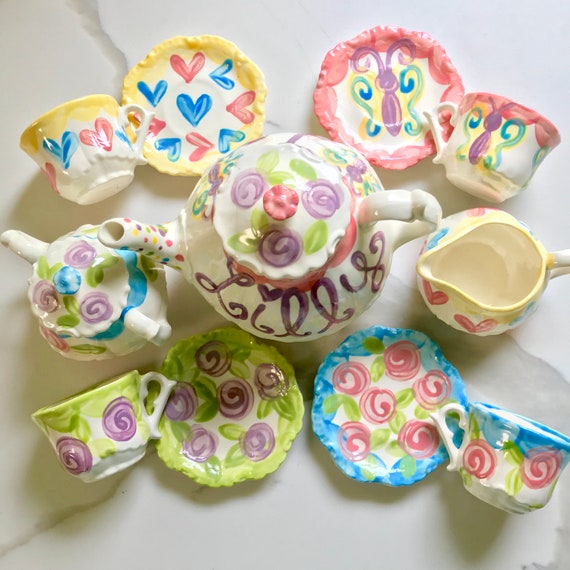 Whimsical Mix-N-Match Tea Party tea set Personalized Little Girl's Tea Set & 4 Tea Cups Handpainted... dots, hearts, flowers, butterflies Il_570xn