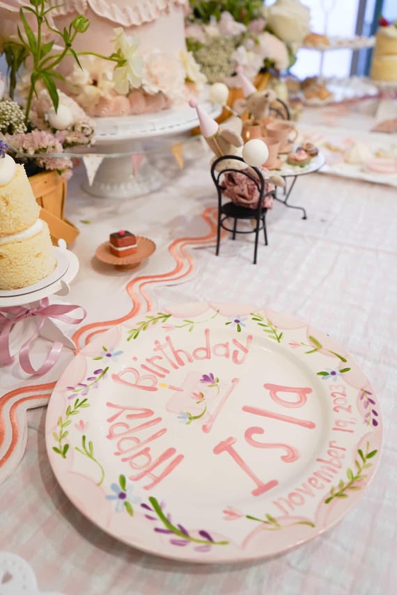 Personalized Birthday Plate: Hand-Painted pink border Wildflowers, Heirloom Ceramic