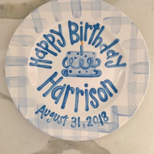 Boys preppy birthday plate // blue gingham and ribbon // first birthday // blue and white // smash cake // 1st birthday // grand millennial image 4