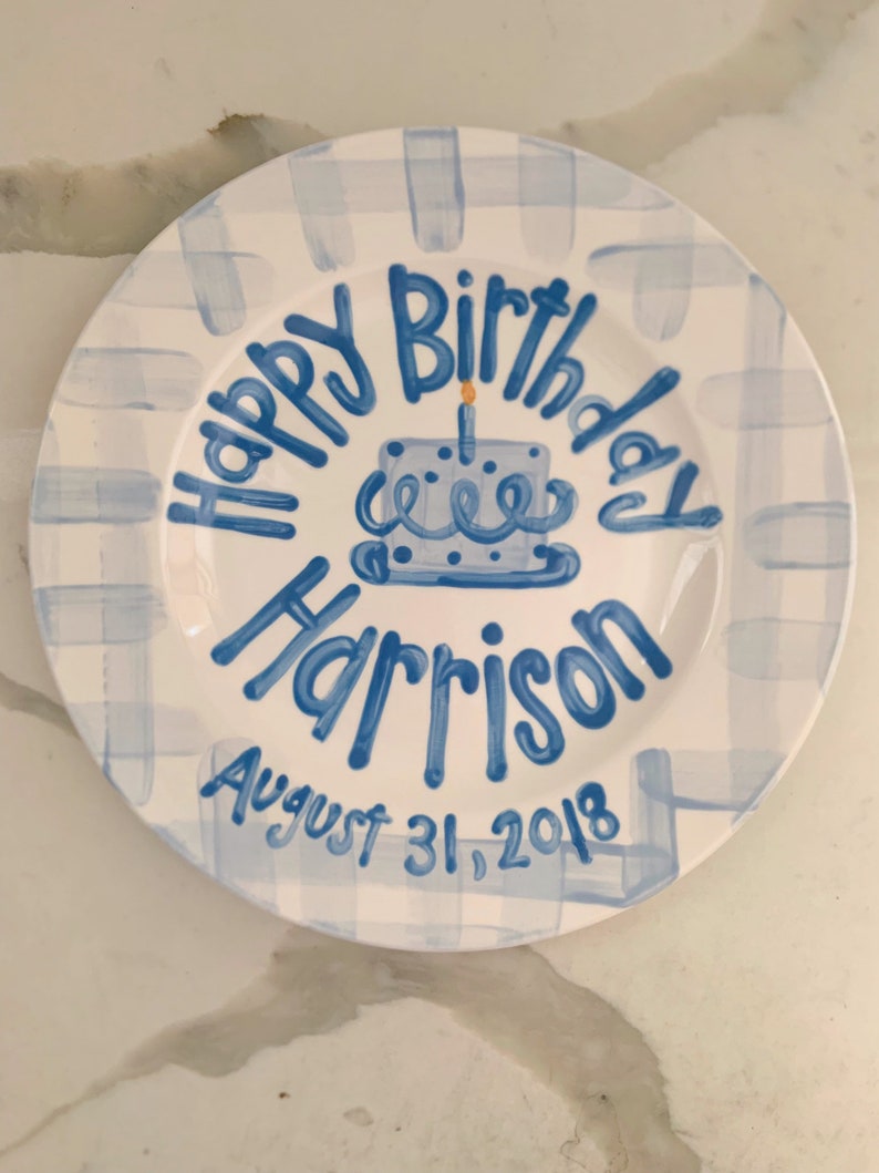 Boys preppy birthday plate // blue gingham and ribbon // first birthday // blue and white // smash cake // 1st birthday // grand millennial image 4