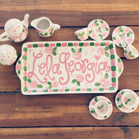 little girls personalized tea set with tray // Lets have some tea // pink roses design Il_570xn