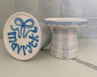 Personalized Cupcake Stand // Preppy Gingham and bow Handpainted First Birthday Cupcake Stand blue and white ribbon
