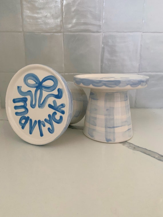 Personalized Cupcake Stand // Preppy Gingham and bow Handpainted First Birthday Cupcake Stand blue and white ribbon