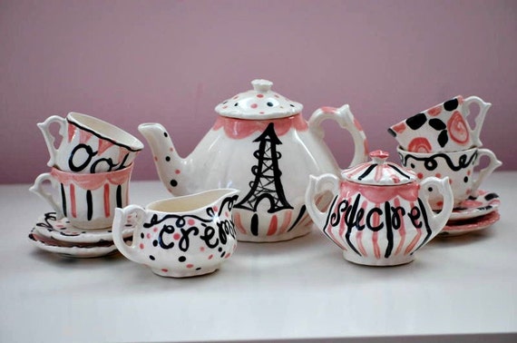 Paris tea party Tea Set -- Personalized Little Girl's Tea Set. . . Ooh La La. . .Personalized Tea Set and 4 Matching Tea Cups Il_570xn