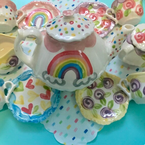 Rainbow tea party mix-n-match girls Personalized Tea Set // Whimsical hearts roses Personalized Child's Sized Tea Set & 4 Tea Cups Il_570xn