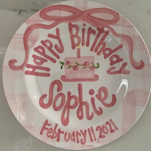 Girls preppy birthday plate // pink gingham and ribbon // first birthday // pink and white // smash cake // 1st birthday // grand millennial image 9