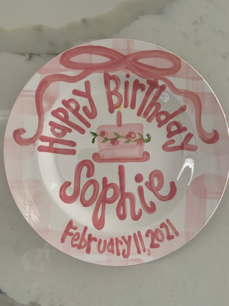 Girls preppy birthday plate // pink gingham and ribbon // first birthday // pink and white // smash cake // 1st birthday // grand millennial image 9