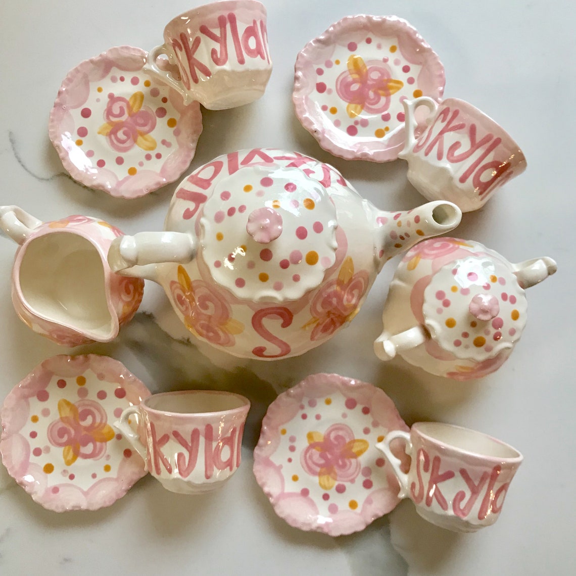 Tea set Personalized for Little girls pink and gold // Etsy