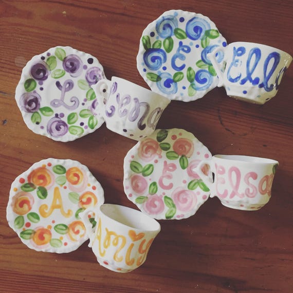 Tea Party Favors // Personalized Tea Cups Handpainted.. . . Happy Colorful Flowers . . Lovely for tea parties and showers. . . Il_570xn