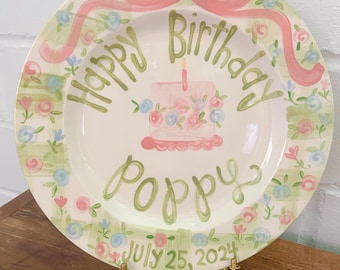 Personalized Birthday Plate: Hand-Painted Wildflowers and Green Gingham