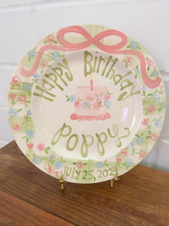 Personalized Birthday Plate: Hand-Painted Wildflowers and Green Gingham