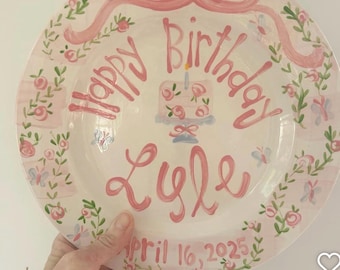 Personalized First Birthday Plate: Hand-Painted Pink Gingham Butterflies Floral and Vine Ceramic