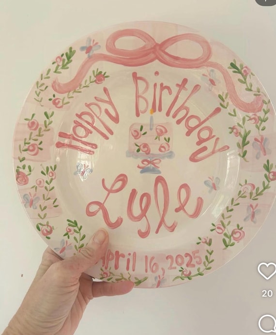 Personalized First Birthday Plate: Hand-Painted Pink Gingham Butterflies Floral and Vine Ceramic