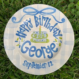 Boys preppy birthday plate // blue gingham and ribbon // first birthday // blue and white // smash cake // 1st birthday // grand millennial image 6