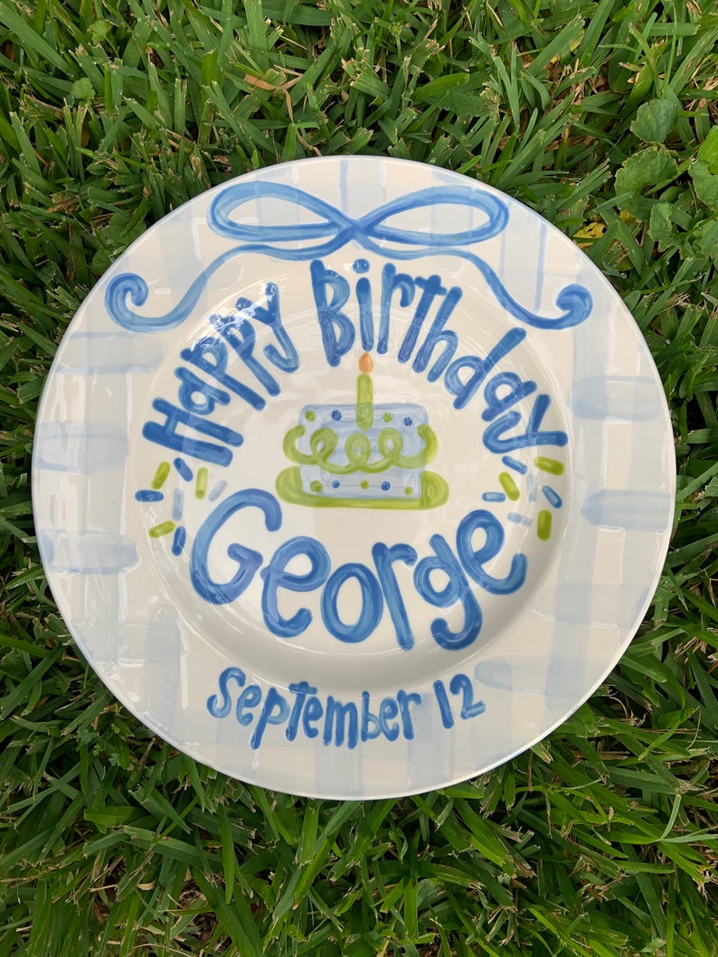 Boys preppy birthday plate // blue gingham and ribbon // first birthday // blue and white // smash cake // 1st birthday // grand millennial image 6