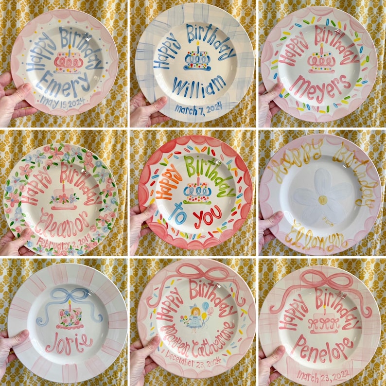May include: Nine personalized plates with pink, blue, and white backgrounds. Each plate features a cake with a candle, a birthday message, and a name. The plates are decorated with flowers, sprinkles, and ribbons.