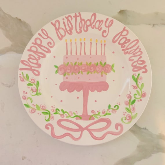 Birthday Plate // Flowers, ribbons and bunny Personalized First Birthday Plate, baby girl Custom handpainted, Preppy bonnet