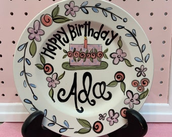 Personalized Black and floral design  First Birthday Plate, Custom Hand-Painted Ceramic Plate