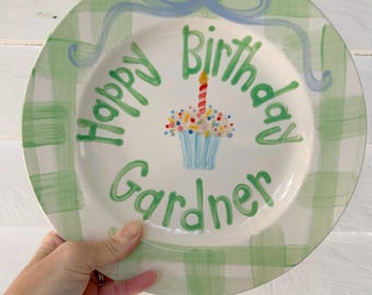 Personalized Boys Birthday Plate: Hand-Painted Ceramic Green Gingham and cupcake