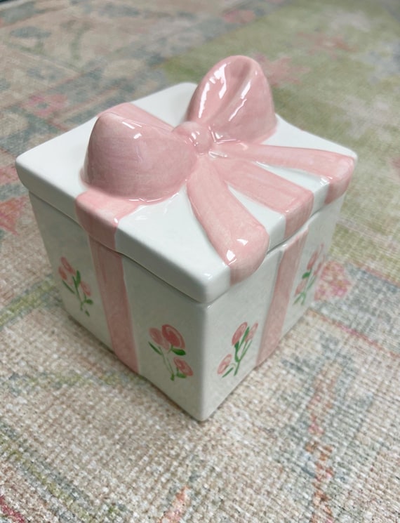 Pink bow and roses trinket keepsake box // Easter // nursery // pink and white // blue and white // ceramic // grand millennial