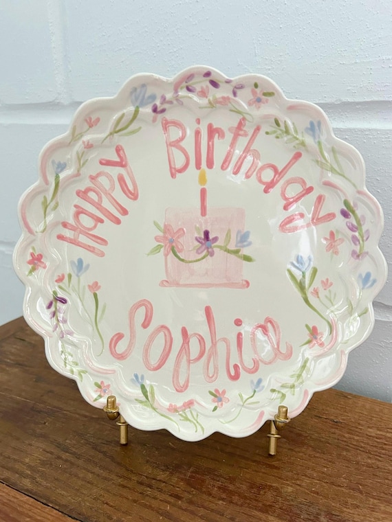 Personalized Scalloped Edge Birthday Plate: Hand-Painted Ceramic with Pink Roses