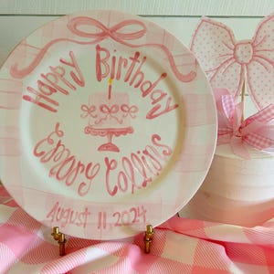 Personalized Birthday Plate, Hand-Painted Ceramic Heirloom bows, gingham and pedestal cake bild 9