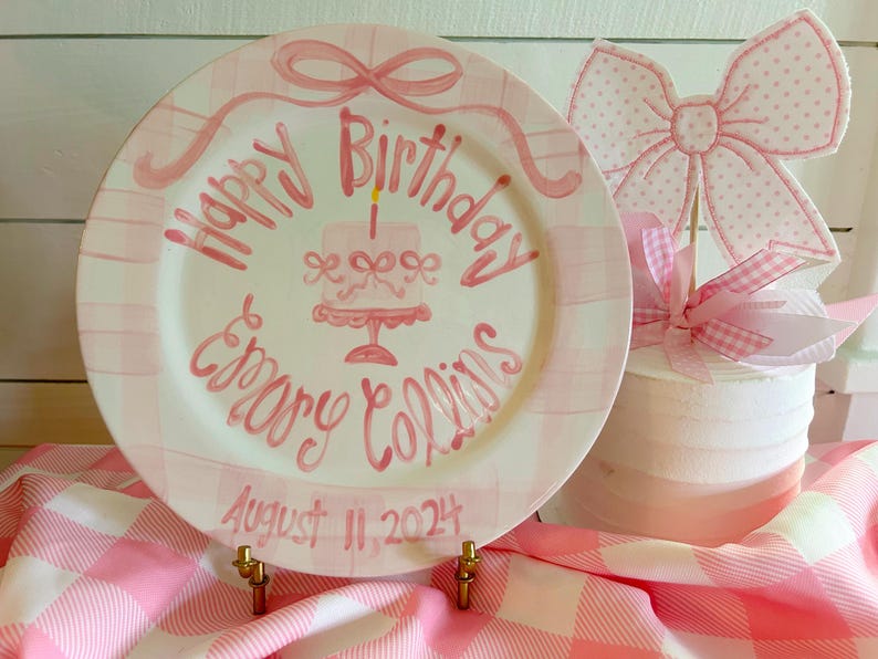 Personalized Birthday Plate, Hand-Painted Ceramic Heirloom bows, gingham and pedestal cake bild 9
