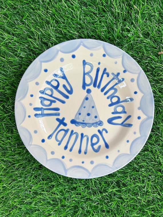 Boys birthday plate // blue scallops and party hat // first birthday // blue  white // smash cake // 1st birthday // grand millennial preppy