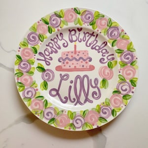 Boho Wreath Birthday Plate //  Personalized First Birthday Ceramic Plate, Custom handpainted, Lilly inspired // Birthday Cake