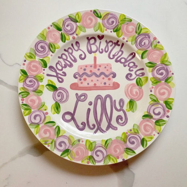 Boho Wreath Birthday Plate //  Personalized First Birthday Ceramic Plate, Custom handpainted, Lilly inspired // Birthday Cake