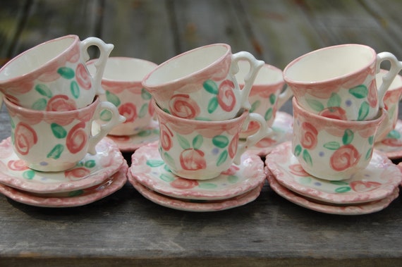Personalized Tea party favors // Shabby Chic Tea Party // Vintage Looking Pink and Aqua Personalized Tea Cup Sets Il_570xn