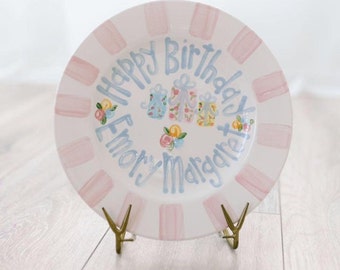 Girls Birthday Plate // Floral Present Personalized First Birthday Plate Plate, Custom handpainted