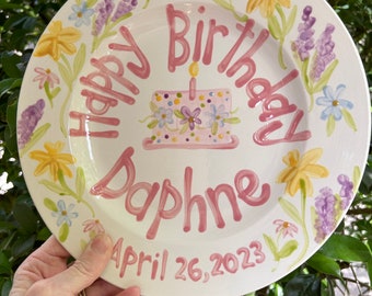 Birthday Plate // wildflowers whimsical Girls Personalized First Birthday Plate Plate, Custom handpainted, baby gift