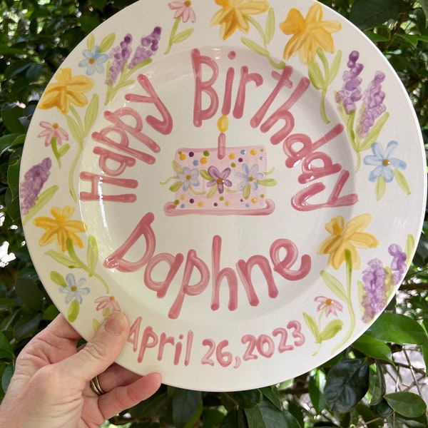 Birthday Plate // wildflowers whimsical Girls Personalized First Birthday Plate Plate, Custom handpainted, baby gift