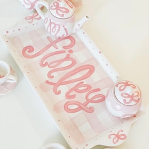 little girls personalized gingham tea set with tray  // preppy pink gingham and bows design // tbbc