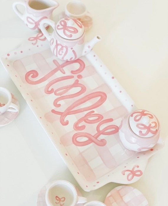 little girls personalized gingham tea set with tray // preppy pink gingham and bows design // tbbc Il_570xn