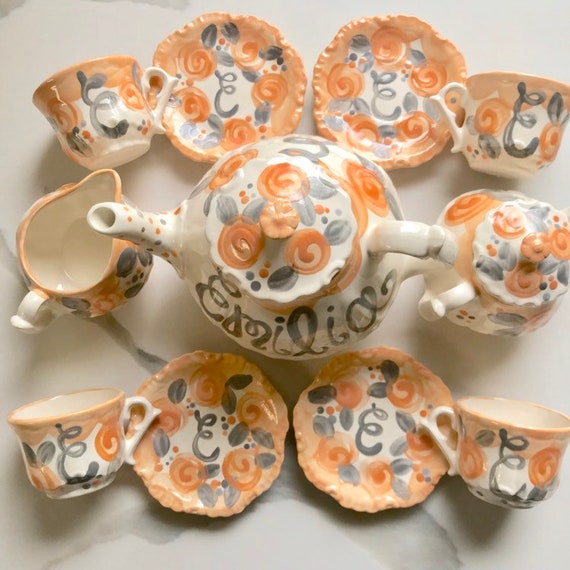 Tea set Personalized for Little girls peach and gray // child's sized Tea Set, Handpainted, Custom, Personalized Il_570xn
