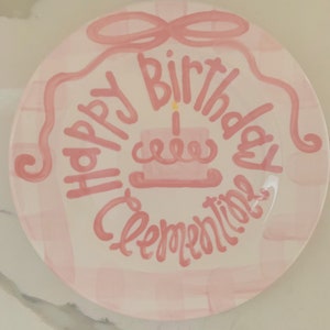 Girls preppy birthday plate // pink gingham and ribbon // first birthday // pink and white // smash cake // 1st birthday // grand millennial image 4