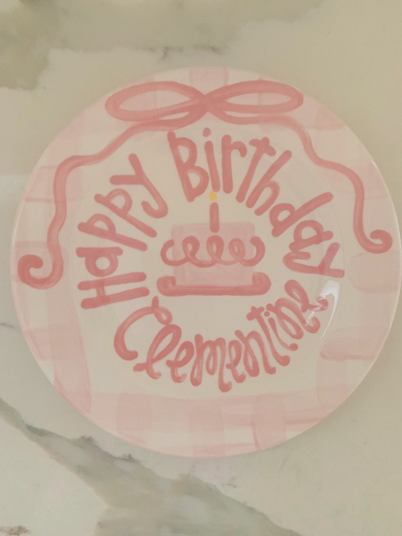 Girls preppy birthday plate // pink gingham and ribbon // first birthday // pink and white // smash cake // 1st birthday // grand millennial image 4