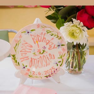 Personalized Birthday Plate: Hand-Painted pink border Wildflowers, Heirloom Ceramic