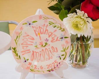 Personalized Birthday Plate: Hand-Painted pink border Wildflowers, Heirloom Ceramic