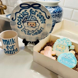 Blue gingham ribbon Cookies and milk for Santa personalized plate & mug / Christmas Plate / Chinoiserie image 4