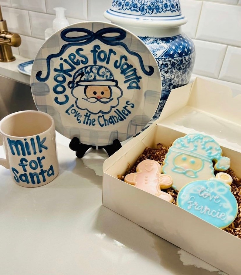 Blue gingham ribbon Cookies and milk for Santa personalized plate & mug / Christmas Plate / Chinoiserie image 4