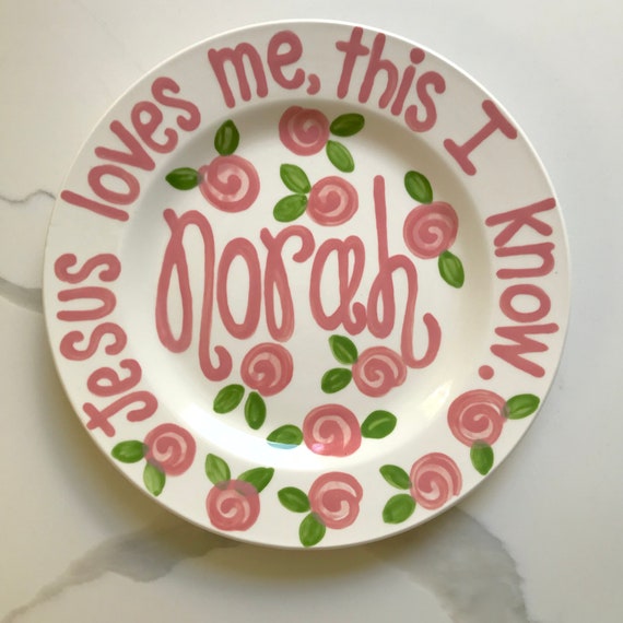 Jesus Loves Me baby plate //  Personalized First Birthday Baptism Gift, Custom handpainted, Bible verse