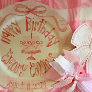 Personalized Birthday Plate, Hand-Painted Ceramic Heirloom bows, gingham and pedestal cake bild 7